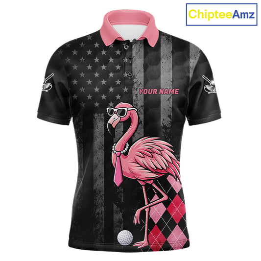 Custom Black Patriotic Golf Polo Shirts For Men, Funny Flamingo Best Golf Clothing Shirts NYN2995