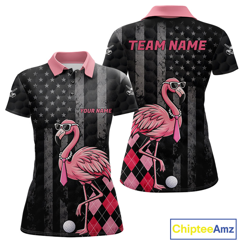 Custom Black Patriotic Golf Polo Shirts For Women, Funny Flamingo Best Golf Clothing Shirts NYN2995