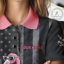 Load image into Gallery viewer, Custom Black Patriotic Golf Polo Shirts For Women, Funny Flamingo Best Golf Clothing Shirts NYN2995