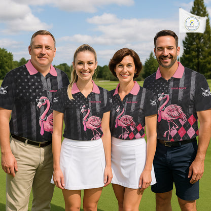 Custom Black Patriotic Golf Polo Shirts For Men, Funny Flamingo Best Golf Clothing Shirts NYN2995
