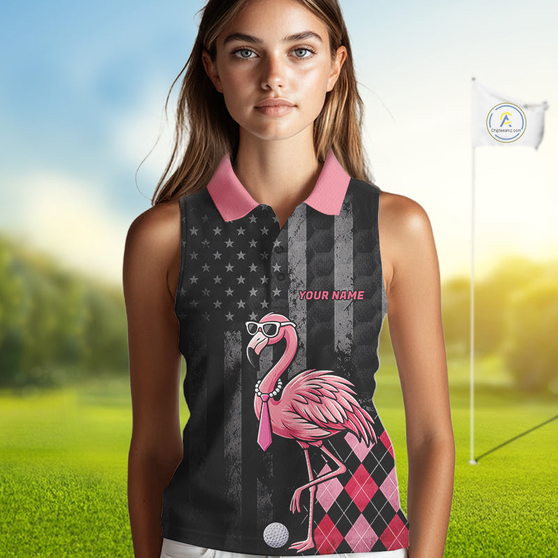 Custom Black Patriotic Golf Sleeveless Polo Shirts For Women, Funny Flamingo Best Golf Clothing Shirts NYN2995