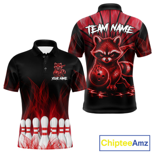 Red Flames Funny Raccoon Bowling Shirt For Men Custom Bowling Team Jersey For Bowlers