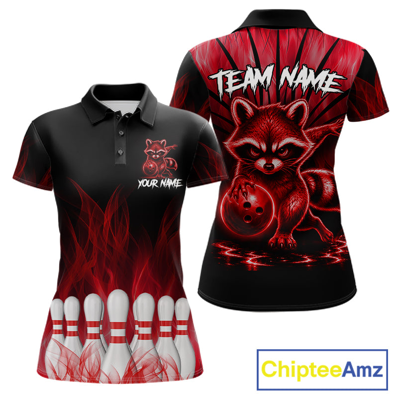 Red Flames Funny Raccoon Bowling Shirt For Women Custom Bowling Team Jersey For Bowlers