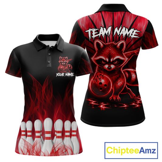 Red Flames Funny Raccoon Bowling Shirt For Women Custom Bowling Team Jersey For Bowlers
