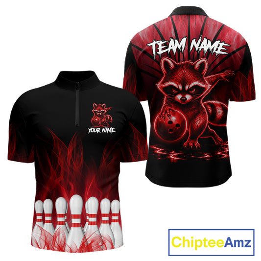 Red Flames Funny Raccoon Bowling Shirt For Men Custom Bowling Team Jersey For Bowlers