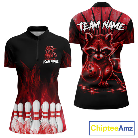 Red Flames Funny Raccoon Bowling Shirt For Women Custom Bowling Team Jersey For Bowlers