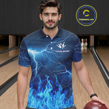 Load image into Gallery viewer, Custom Mens Bowling Thunder Lightning Shirts, Fire Flame Bowling Team Jerseys | Blue NYN3419