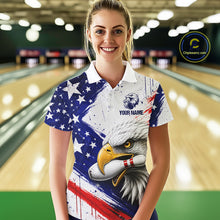 Load image into Gallery viewer, Female bowler wearing grunge eagle bowling jersey during league competition, premium sportswear for wildlife lovers, patriotic women and tournament bowlers, symbolizing strength, ambition and resilience.