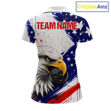 Load image into Gallery viewer, Women's custom bowling polo featuring grunge eagle with bowling ball and pins, personalized performance bowling shirt for USBC league, patriotic sportswear, eagle lovers, wildlife enthusiasts, outdoor lifestyle, symbolizing freedom, leadership, courage, resilience and victory.