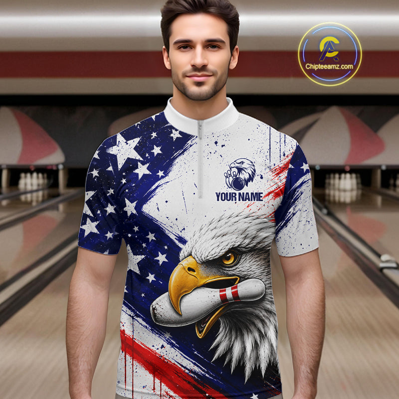 Male bowler wearing custom eagle bowling jersey during USBC championship, premium athletic apparel for patriotic Americans, veterans, wildlife lovers and competitive bowlers, symbolizing strength, leadership, honor and victory.