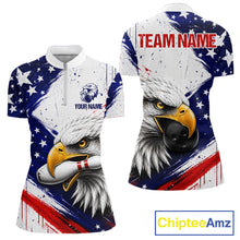 Load image into Gallery viewer, Women's quarter-zip bowling jersey with grunge eagle artwork, moisture-wicking tournament apparel for bowling clubs, nature lovers, eagle enthusiasts and custom bowling teams, representing confidence, resilience and independence.