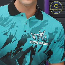Load image into Gallery viewer, Male bowler wearing black turquoise bowling jersey during championship play, premium sportswear representing leadership, precision and determination.