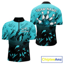 Load image into Gallery viewer, Men's quarter-zip bowling jersey featuring black turquoise bowling graphics, premium tournament apparel representing discipline, momentum and championship excellence.