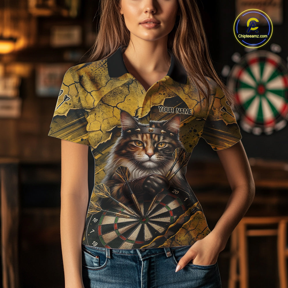 Funny Cat Cracked Darts Shirt For Women Custom Yellow Grunge Darts Team Jersey, Darts Gifts NYN3006