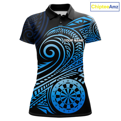 Black Blue Tribal Pattern Women Darts Polo & 1/4-Zip Shirt Personalized Tribal Dart Team Appeal NYN3007