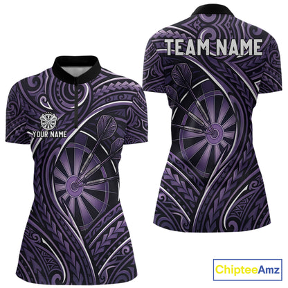 Black Purple Tribal Pattern Darts Polo & 1/4-Zip Shirt For Women Personalized Tribal Dart Team Appeal NYN3009
