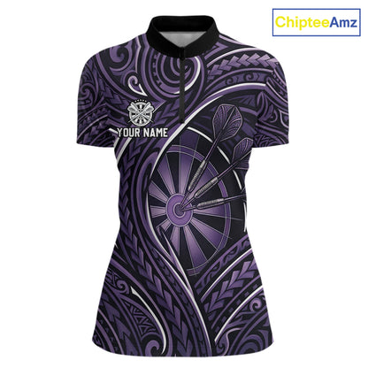 Black Purple Tribal Pattern Darts Polo & 1/4-Zip Shirt For Women Personalized Tribal Dart Team Appeal NYN3009
