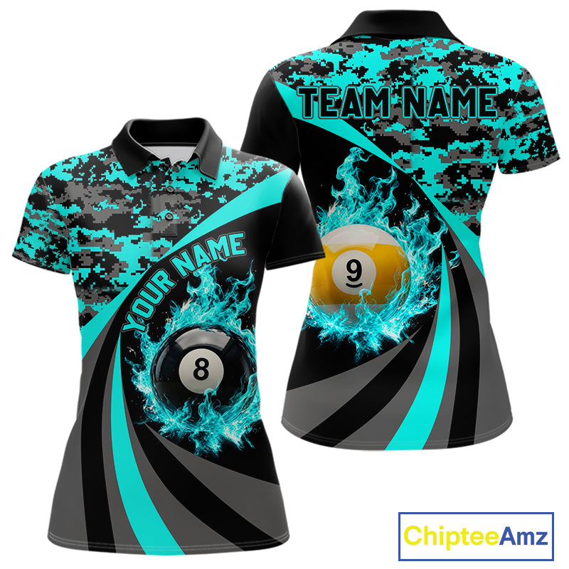 Black Teal Camo Flame 8 Ball 9 Ball Pool Shirt For Women Custom Billiard Team Jersey