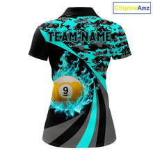Load image into Gallery viewer, Black Teal Camo Flame 8 Ball 9 Ball Pool Shirt For Women Custom Billiard Team Jersey