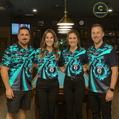 Flame 8 Ball & 9 Ball Billiard Pool Shirt For Men Custom Black And Teal Camo Billiard Team Attire NYN3429