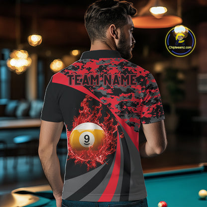 Flame 8 Ball & 9 Ball Billiard Pool Shirt For Men Custom Black And Red Camo Billiard Team Attire NYN3430
