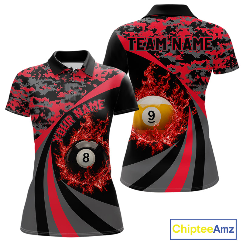 Black Red Camo Flame 8 Ball 9 Ball Pool Shirt For Women Custom Billiard Team Jersey