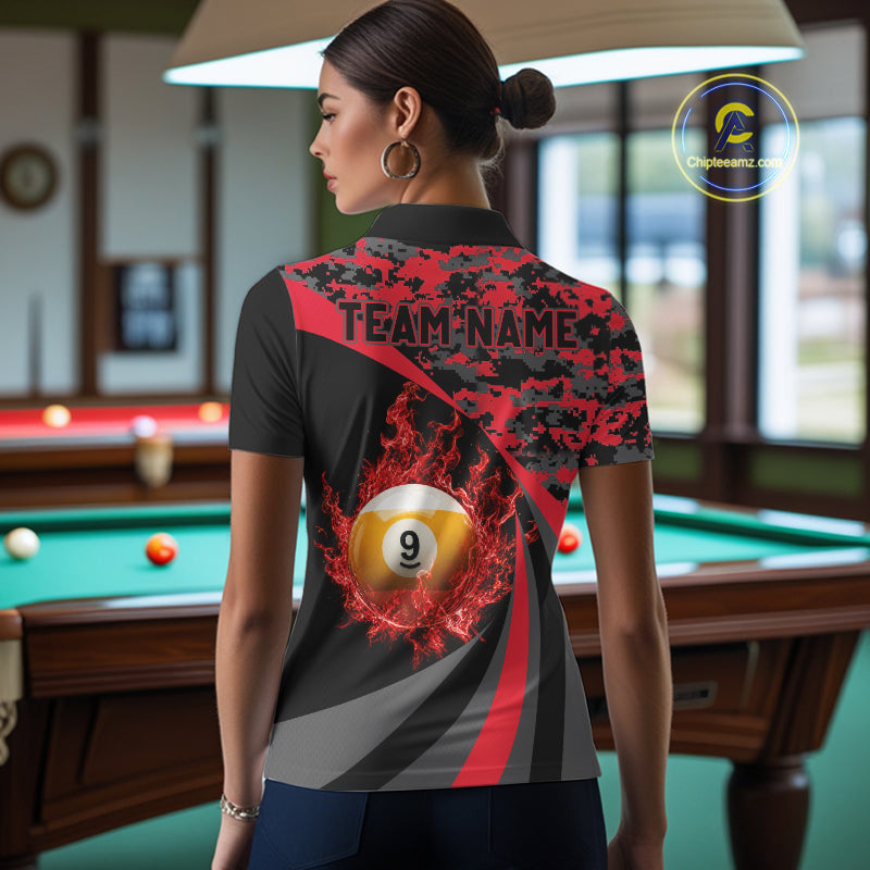 Flame 8 Ball & 9 Ball Billiard Pool Shirt For Women Custom Black And Red Camo Billiard Team Attire NYN3430