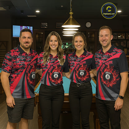 Flame 8 Ball & 9 Ball Billiard Pool Shirt For Men Custom Black And Red Camo Billiard Team Attire NYN3430