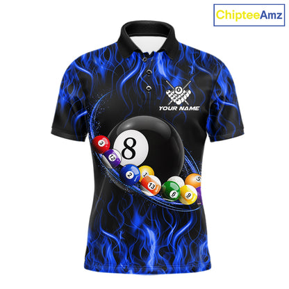 Blue Light Fire Flame 8 Ball Pool Shirt For Men Custom Billiard Ball Team Jersey