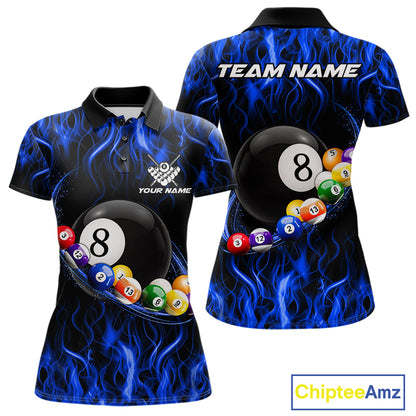 Blue Light Fire Flame 8 Ball Pool Shirt For Women Custom Billiard Ball Team Jersey
