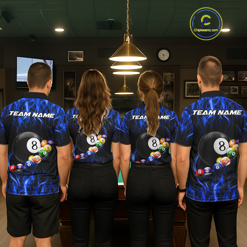 Fire Flame 8 Ball Billiard Pool Shirt For Women Custom Blue Light Billiard Ball Team Jersey NYN3434