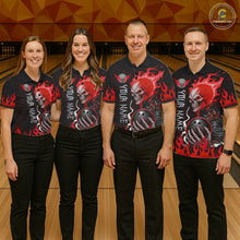 Load image into Gallery viewer, Coordinated Red Flames Skull bowling team uniforms for men and women, custom bowling tournament jerseys, league apparel, championship bowling team clothing, biker-inspired athletic uniforms, competitive bowling performance wear