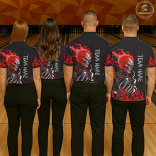 Load image into Gallery viewer, Coordinated Red Flames Skull bowling team uniforms for men and women, custom bowling tournament jerseys, league apparel, championship bowling team clothing, biker-inspired athletic uniforms, competitive bowling performance wear