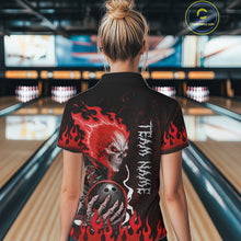 Load image into Gallery viewer, Female model wearing Red Flames Skull bowling polo, personalized women's bowling tournament jersey, custom league apparel, gothic performance sportswear, championship bowling clothing
