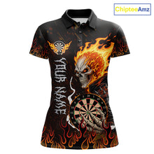 Load image into Gallery viewer, Red Flames Skull women's darts polo featuring skeleton and blazing flame artwork, custom dart tournament jersey, gothic league apparel, biker-inspired athletic performance clothing