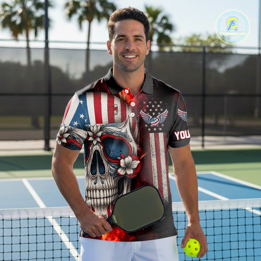 Custom Sugar Skull Red Flaming Pickleball League Jerseys Men Pickleball US Flag Team Shirts NYN2149