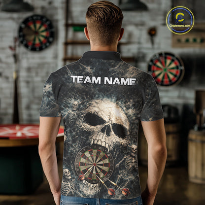 Grunge Horror Grey Skull Vintage Dartboard & Arrow Men Darts Polo Shirt Custom Dart League Shirts NYN2642