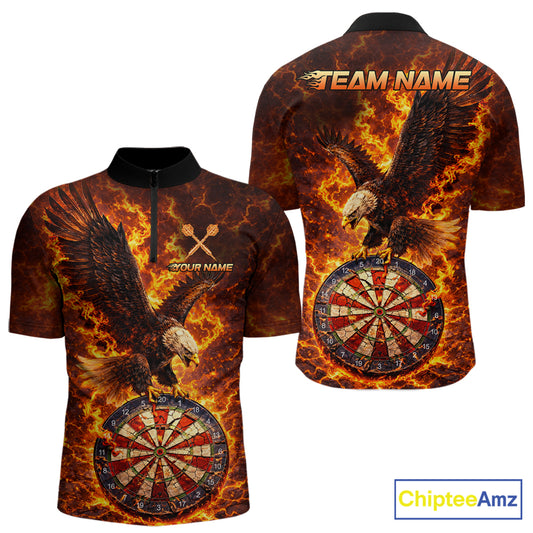 Fire Flame Eagle Red-Blue Cracked Dartboard Men Darts 1/4-Zip Shirt Custom Dart League Shirts NYN2644
