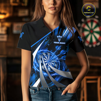Custom Blue Flaming Dartboard & Arrow Women Darts Polo & 1/4-Zip Shirts Dart Team Jerseys NYN2799