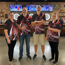 Load image into Gallery viewer, Custom Red Flaming Dartboard &amp; Arrow Men Darts Polo &amp; 1/4-Zip Shirts Dart Team Jerseys NYN2800