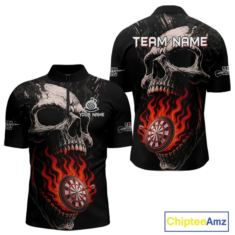 Custom Red Flames Skull Dartboard Dart Men Quarter-Zip Shirt Grunge Dart Team Jerseys NYN1613
