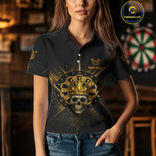 Load image into Gallery viewer, Black And Gold Crown Dartboard Skull Custom Women&#39;s Darts Polo Shirt Dart Jerseys NYN1900
