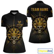 Load image into Gallery viewer, Black And Gold Crown Dartboard Skull Custom Women&#39;s Darts Quarter-Zip Shirt Dart Jerseys NYN1900