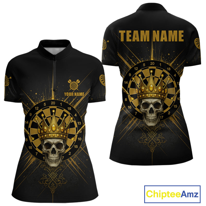 Black And Gold Crown Dartboard Skull Custom Women's Darts Quarter-Zip Shirt Dart Jerseys NYN1900