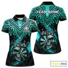 Load image into Gallery viewer, Teal Tribal Cracked Crown Skull Dartboard Women Darts Polo Shirt Custom Dart League Shirt NYN2648