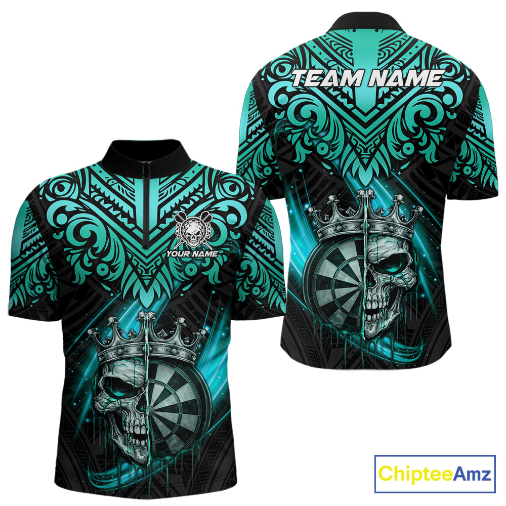 Teal Tribal Cracked Crown Skull Dartboard Men Darts 1/4-Zip Shirt Custom Dart League Shirt NYN2648