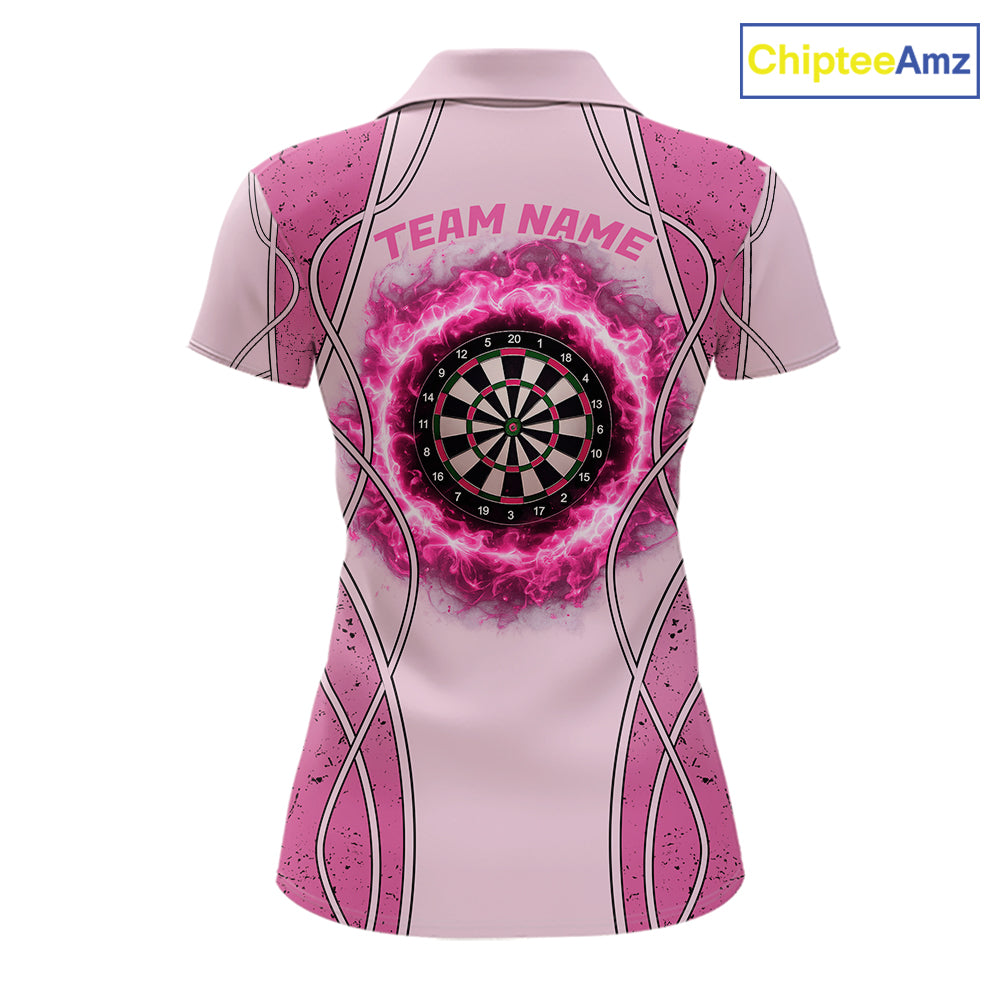 Personalized Grunge Pink Flaming Dartboard Women Darts Polo & 1/4-Zip Shirts Dart Team Jerseys NYN2810