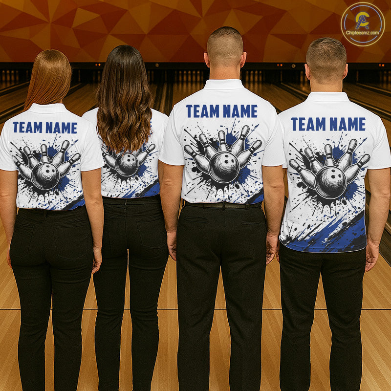Black And Blue Splatter Paint Bowling Ball & Pins Shirts Custom Team Bowling Attire For Women NYN3447