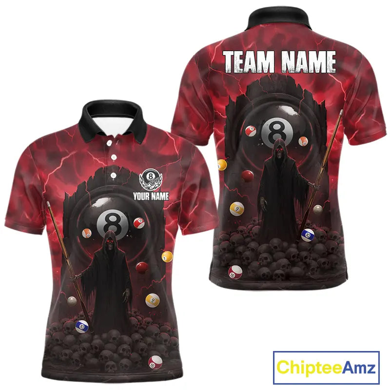 Red Multi-Skull 8 Ball Pool Men Polo & 1/4-Zip Team Shirt Custom Billiard Ball & Cue Gifts NYN2435