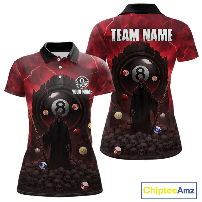 Red Multi-Skull 8 Ball Pool Women Polo & 1/4-Zip Team Shirt Custom Billiard Ball & Cue Gifts NYN2435